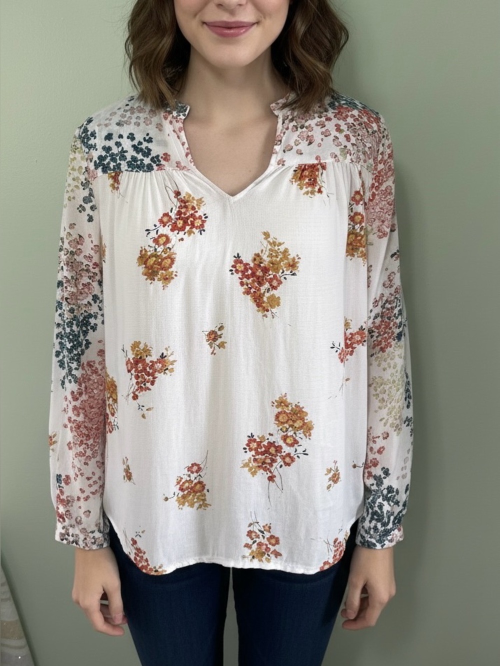 Lucky Brand Floral Print V-Neck Long Sleeve Blouse Viscose Size Large